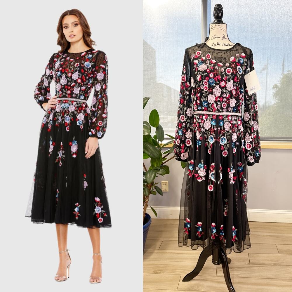 Mac Duggal  Sequined Floral High Neck Puff Sleeve Cocktail Dress 5712 Size 12